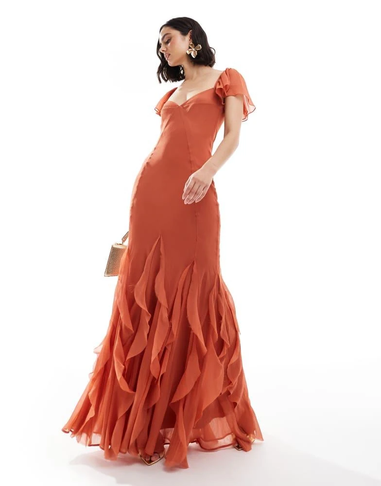ASOS DESIGN flutter sleeve maxi dress with ruffle godets in rust  On Sale  Now with Up to 10% Off | Discover Exclusive Deals & Savings at BeyondStyle   Authentic ASOS Home|women