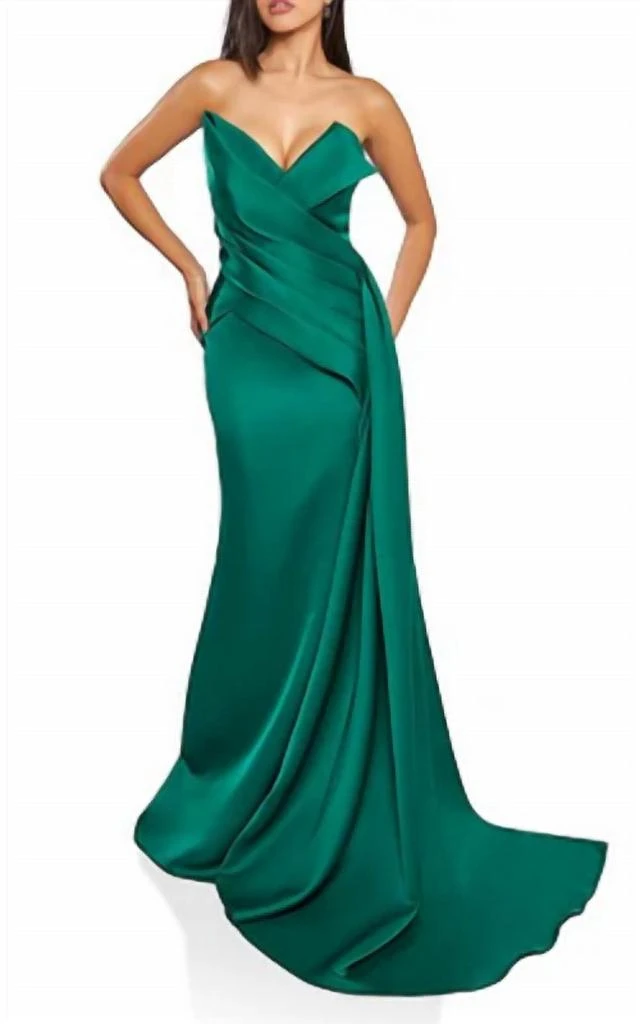 Terani Couture Satin Strapless Drape Side Mermaid Gown In Emerald Green