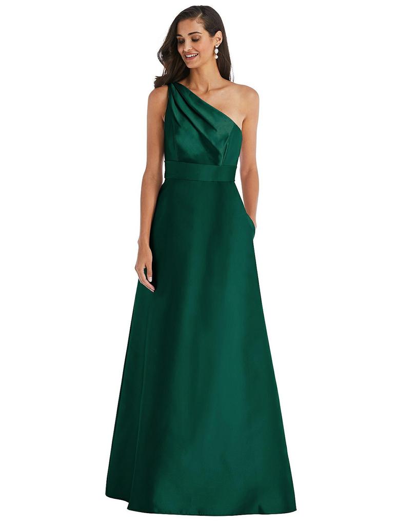 Alfred Sung Draped One-Shoulder Satin Maxi Dress with Pockets