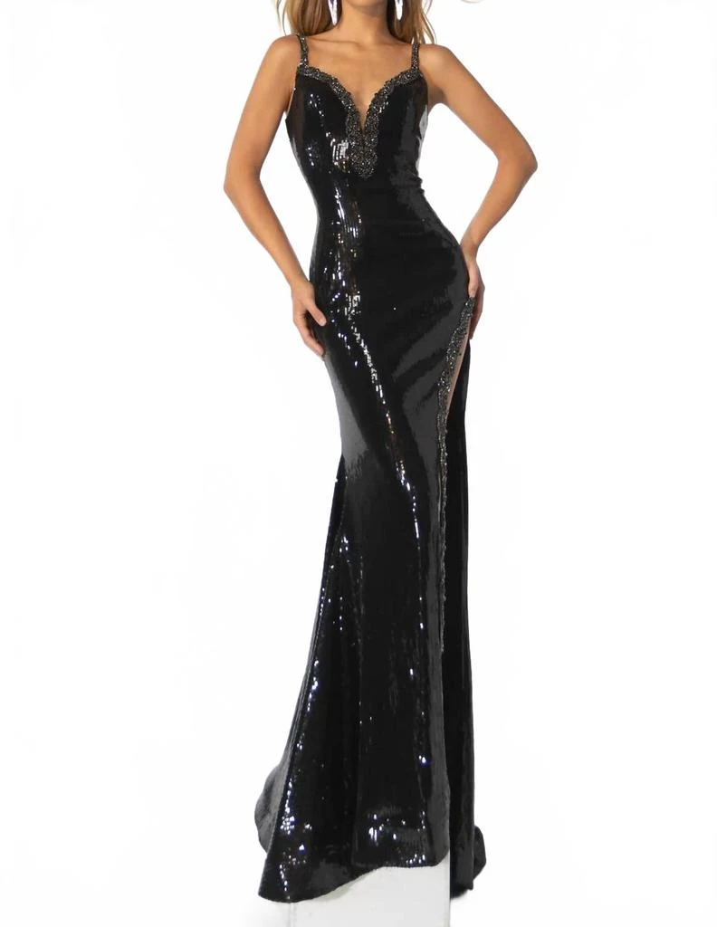 Ava Presley 39261 - Long Sheath Dress - Sequin, Sleeveless, Rhinestone Embellished, Slit, Mid-Open Back, Back Zipper Closure, Train 6 / Black