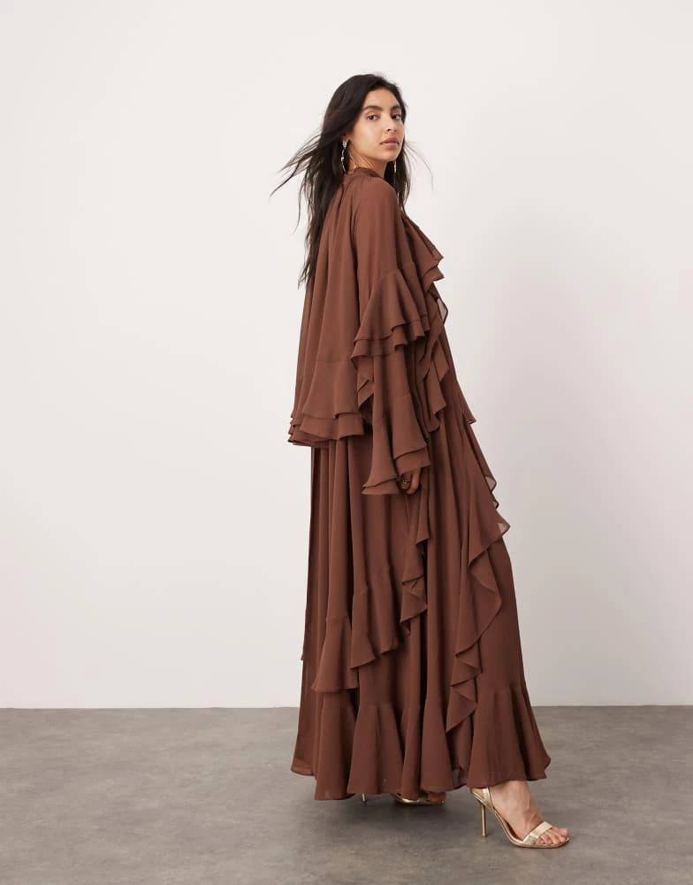 ASOS ASOS EDITION chiffon high neck ultimate ruffle maxi dress in chocolate 2