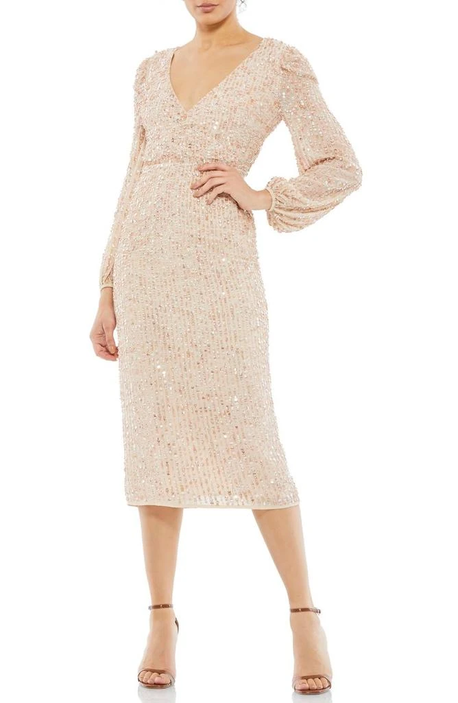 Mac Duggal Sequin Long Sleeve Cocktail Midi Dress In Nude 1