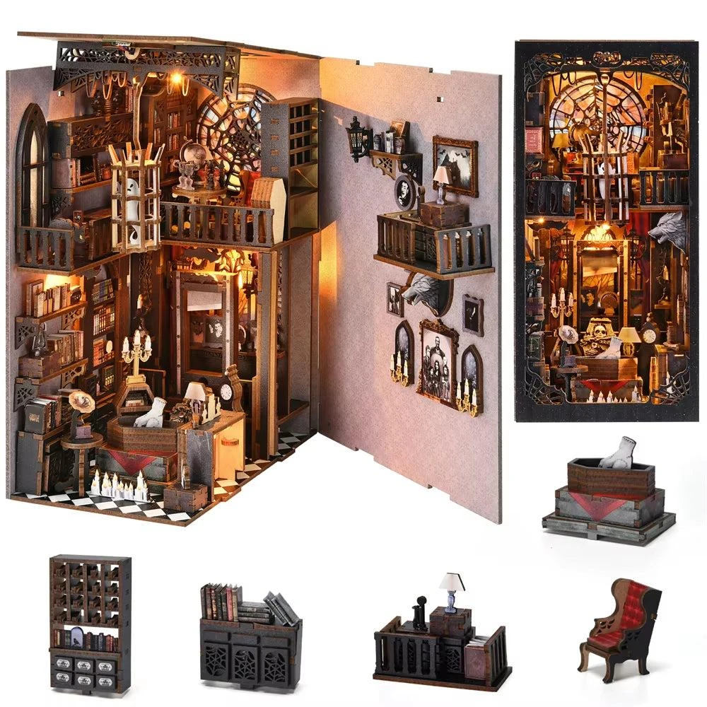 ASLOWSNAIL Gothic Style Dark Family DIY Wooden Puzzle Book Nook Kit for Bookshelf Dollhouse Model and Home Decoration 3