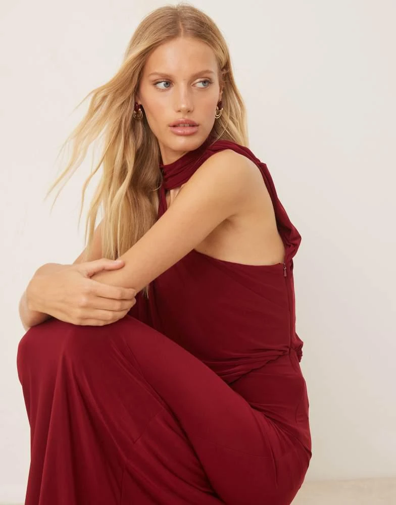 open lace back dress One Shoulder Drape Detail Maxi Dress with Train in Burgundy  Extremely  Beautiful LLC
