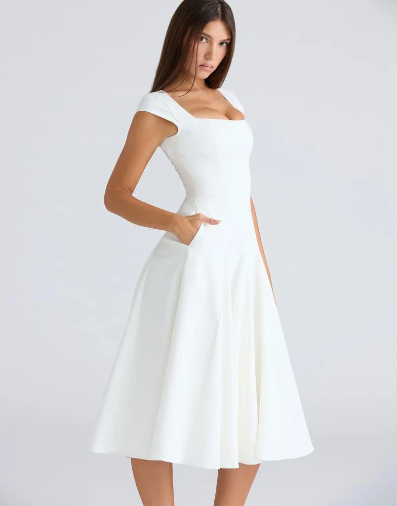 House of CB House of CB Raisa white square neck twill midi dress in white -  Dresses & Skirts - Free Shipping - BeyondStyle