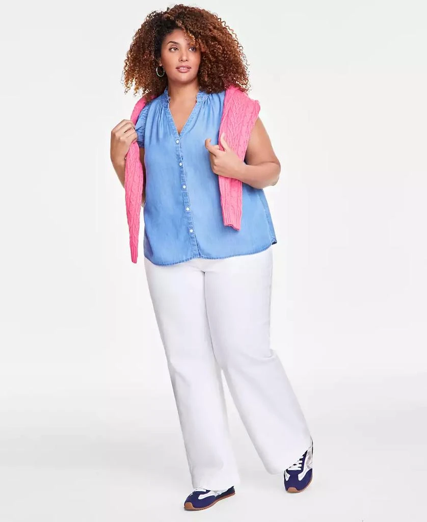 On 34th Trendy Plus Size Flutter-Sleeve Chambray Shirt, Exclusively at Macy's 2