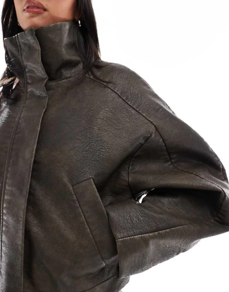 ASOS ASOS DESIGN Petite funnel neck textured leather look bomber jacket in brown 4