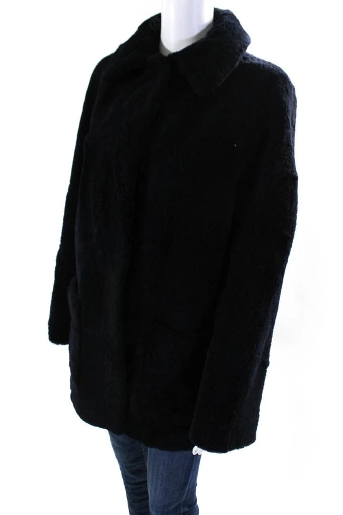 Pologeorgis Womens Long Sheep Fur Hook & Eye Coat Navy Blue 3