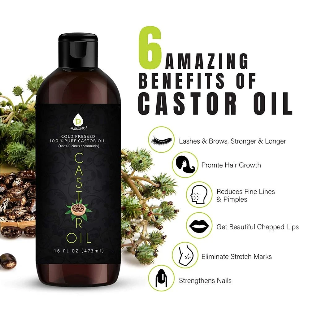 PURSONIC Castor Oil (16oz) Cold-Pressed, 100% Pure, Hexane-Free Castor Oil-Moisturizing & Healing, For Dry Skin, Hair Growth - For Skin, Hair Care, Eyelashes 2