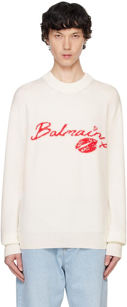 Off White Wool Balmain Kiss Sweater L