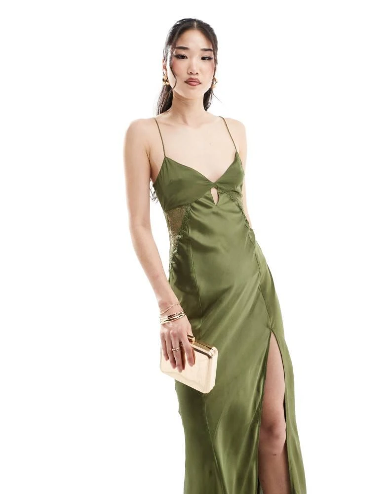 ASOS ASOS DESIGN satin lace insert keyhole midaxi dress in khaki 1