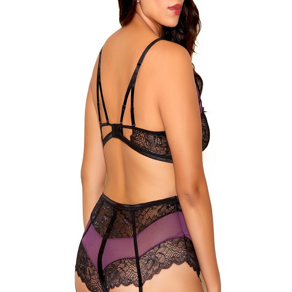 iCollection Ripley Plus Size Floral Lace Bralette and Garter Panty Set with Satin Garter Belt 2pc Lingerie Set