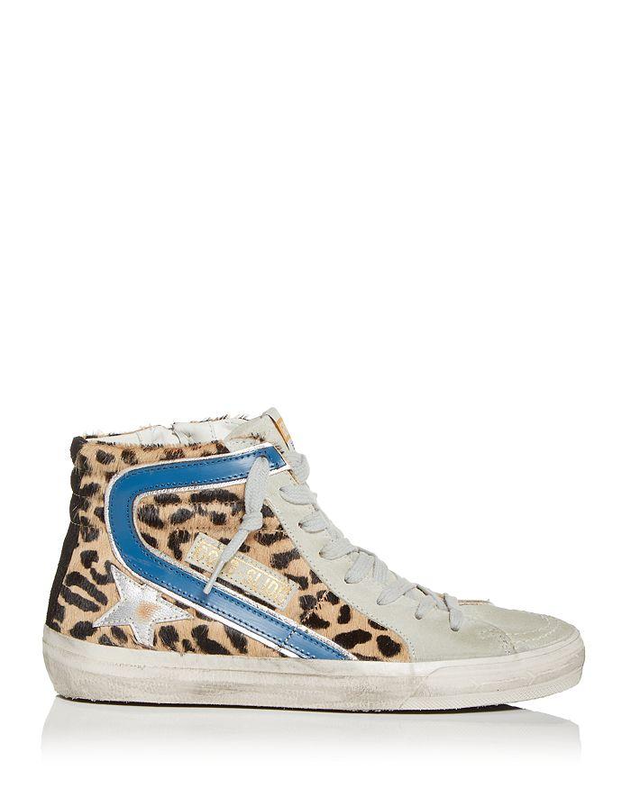Golden Goose Women's Slide Leopard Print Calf Hair High Top Sneakers