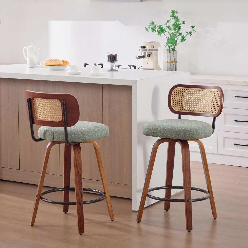 Streamdale Furniture Streamdale Set of 2 26-Inch Counter Height Bar Stools - Walnut Black, Cane Rattan, Green Linen Seat.
