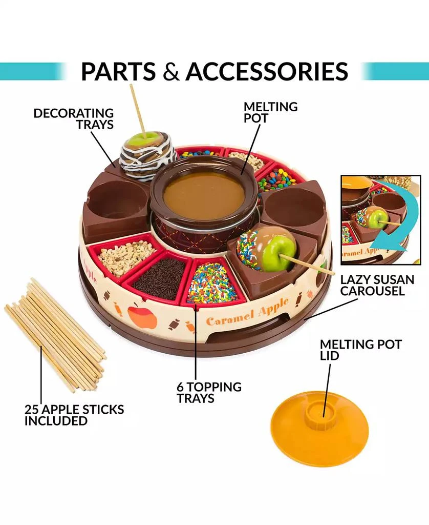 Nostalgia Lazy Susan Chocolate Caramel Apple Party with Heated Fondue Pot, 25 Sticks, Decorating and Toppings Trays 2