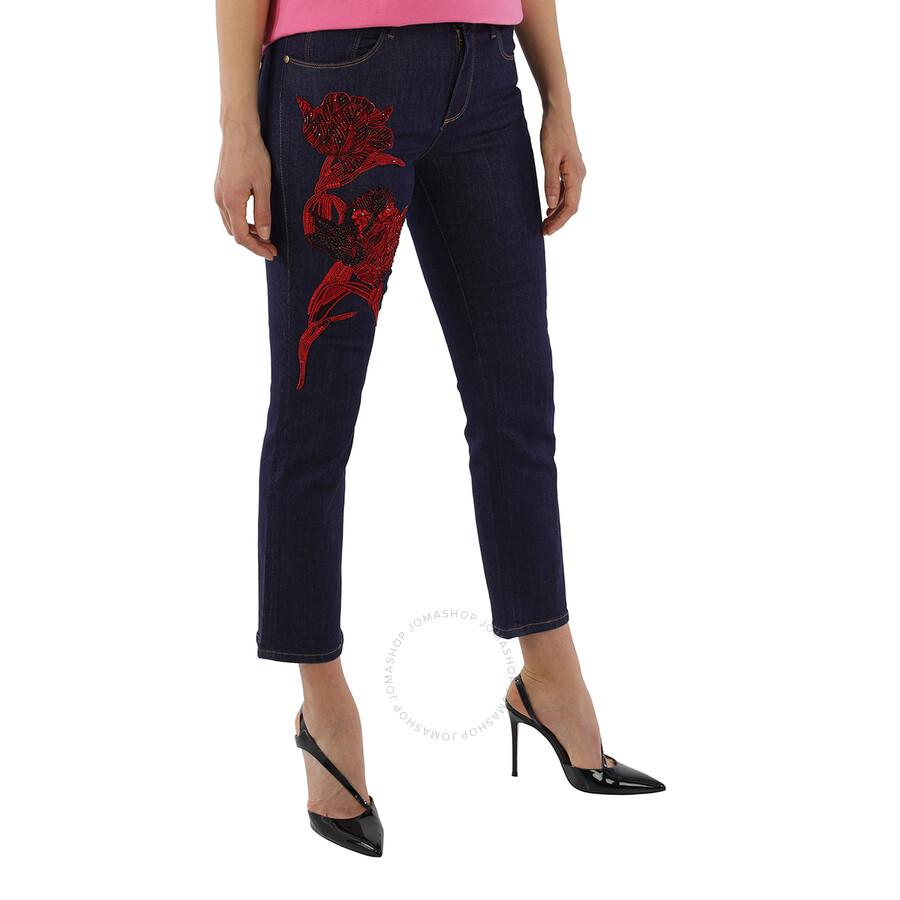 Roberto Cavalli Ladies Embellished Parrot Tulip Cotton Denim Jeans