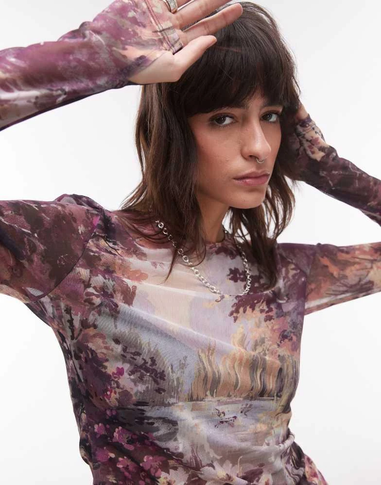 & Other Stories & Other Stories mesh jersey long sleeve top with thumbhole detail in landscape print 2