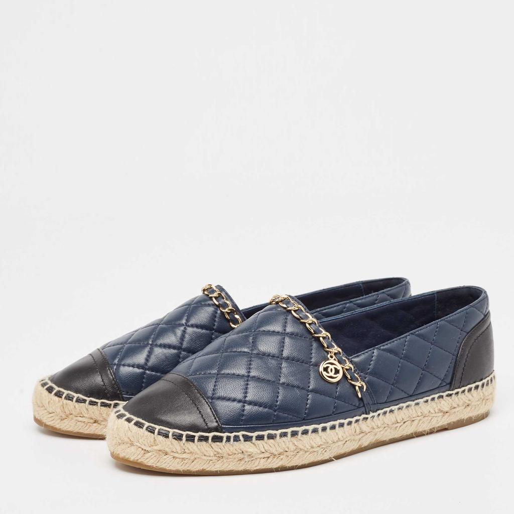 Chanel Chanel Navy Blue/Black Quilted Leather CC Chain Detail Espadrille Flats Size 39