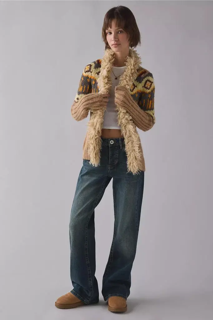 BDG BDG Penny Patterned Knit Faux Fur Trim Cardigan