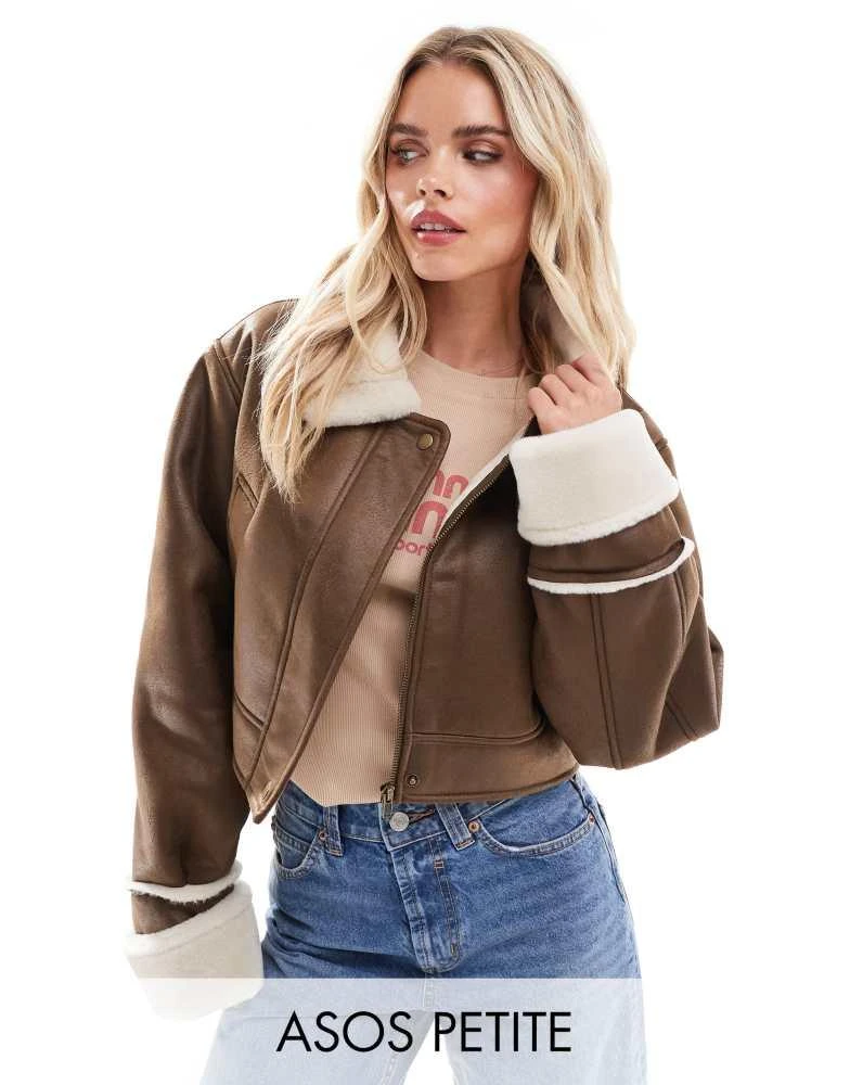 ASOS ASOS DESIGN Petite top collar shearling jacket in hazelnut 1
