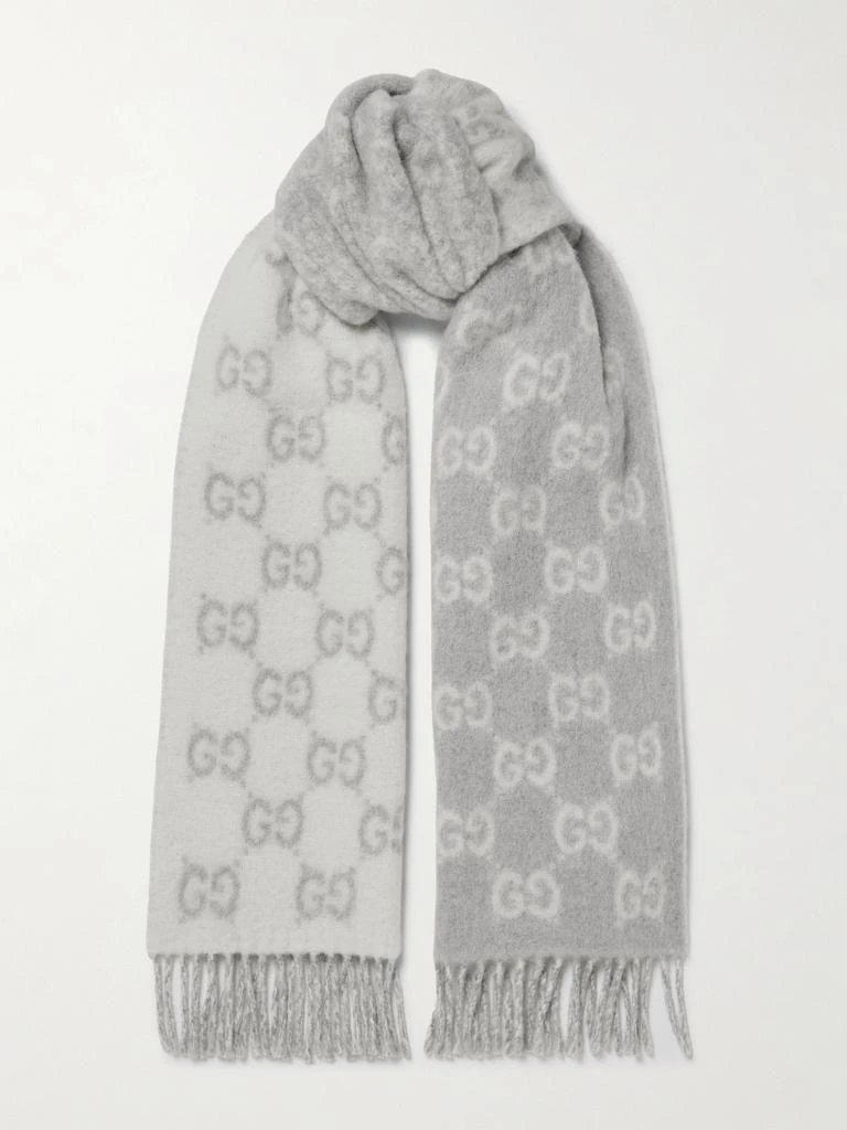 Gucci Fringed Jacquard-knit Scarf - Light gray