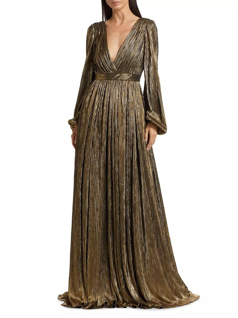 Badgley Mischka Metallic Pleated Georgette Long-Sleeve Gown 3