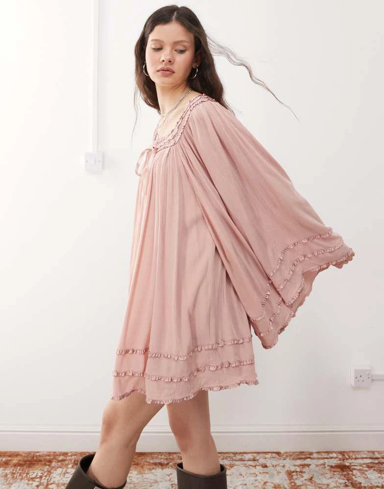 Miss Selfridge Miss Selfridge square neck flared sleeve mini dress in dusky pink 1