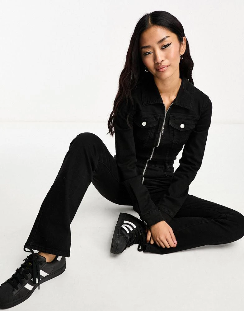 Pull&Bear Pull&Bear denim long sleeve jumpsuit in black 1