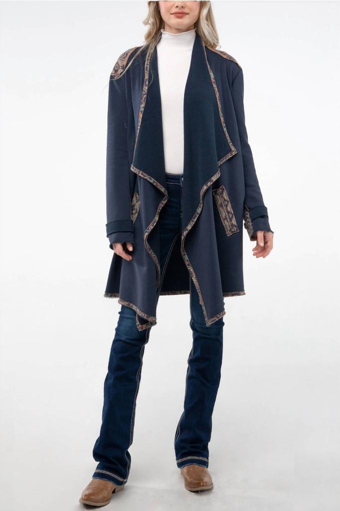 Miss Me Miss Me - Open drape knit cardigan with aztec printed contrast