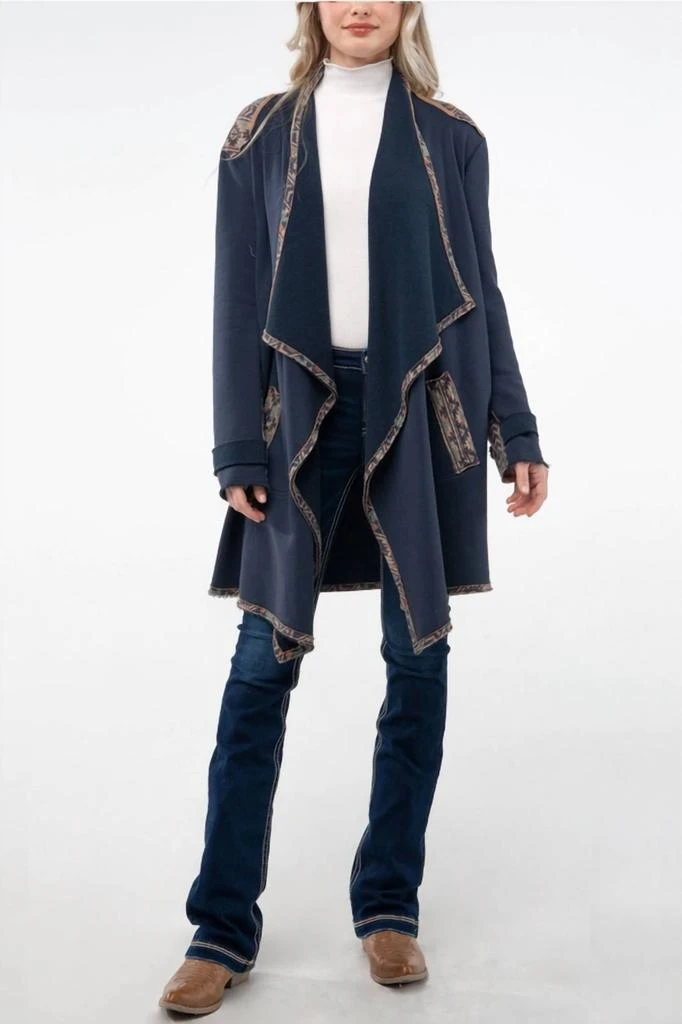 Miss Me Miss Me - Open drape knit cardigan with aztec printed contrast 1