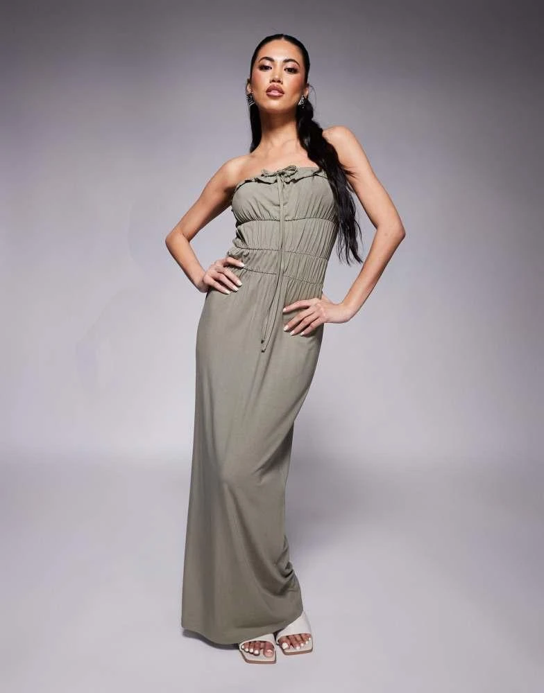 ASOS ASOS DESIGN bandeau ruffle tiered waist maxi dress in khaki 1