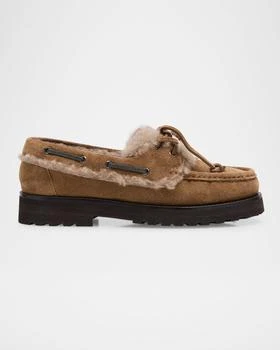 Brunello Cucinelli | Monili Detail Shearling-Lined Suede Boat Shoes