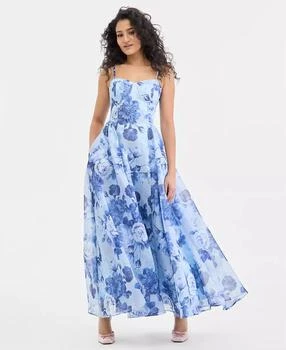 Juniors' Shimmer Organza Floral-Print A-Line Gown