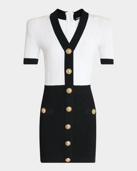 Balmain | V-Neck Buttoned Strong-Shoulder Torsade Knit Mini Dress