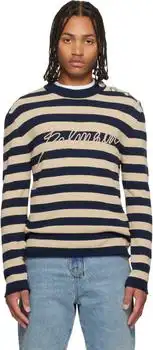 Balmain | Navy & Beige 'Balmain' Logo Marinière Sweater
