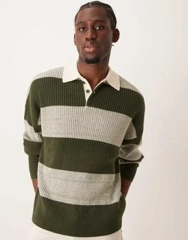 ASOS DESIGN relaxed knitted rugby polo in khaki marl stripe