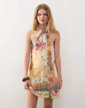 Reclaimed Vintage mini dress with scarf detail in yellow floral print