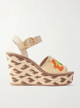 Valentino | Leather And Floral-embroidered Raffia Wedge Espadrilles - Beige - IT38