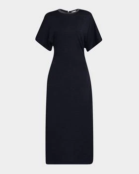 Brunello Cucinelli | Monili-Neck Short-Sleeve Gathered Wool Jersey Midi T-Shirt Dress