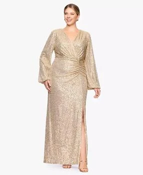 Plus Size Sequin V-Neck Long Bell Sleeve Gown