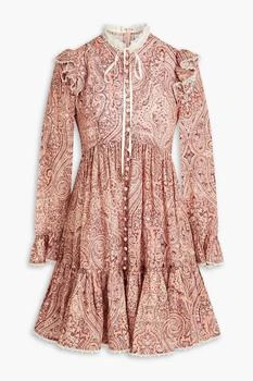 Lace-trimmed paisley-print linen mini dress