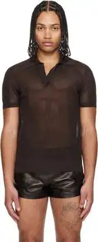 Tom Ford | Brown Cotton Silk Mesh S/S Buttonless Polo