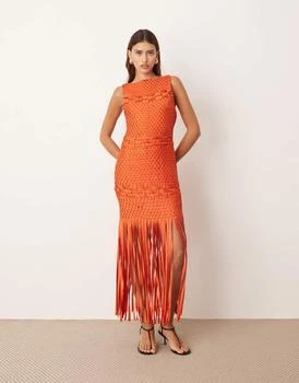 ARRANGE lattice handwoven fringe hem midi dress in orange