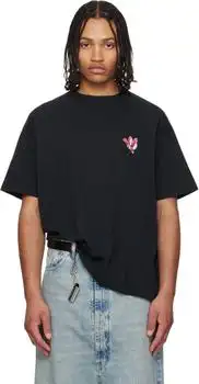MAISON MARGIELA | Black 'Floral MM' Embroidered Cotton T-shirt