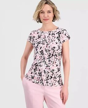 Women's Floral Pleat-Front Cap-Sleeve Top, Regular and Petites