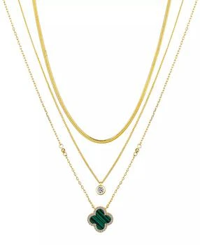 Unwritten Malachite Clover and Cubic Zirconia Bezel Layered Necklace Set