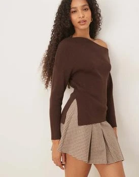 ASOS DESIGN knitted asymmetric off shoulder top in rib in chocolate