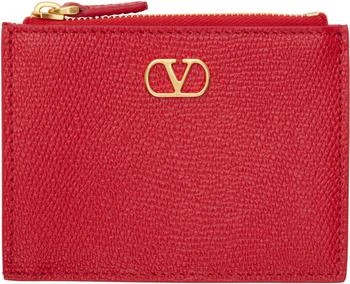 Valentino Red VLogo Signature Grainy Calfskin Card Holder
