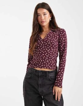 Miss Selfridge Long Sleeve polo top in ditsy print