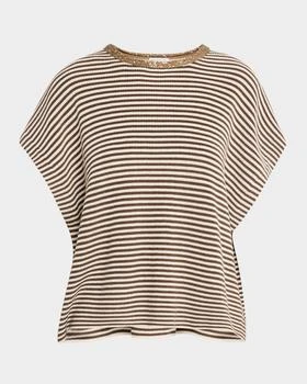 Brunello Cucinelli | Striped Cotton Short-Sleeve Paillette-Neck Sweater
